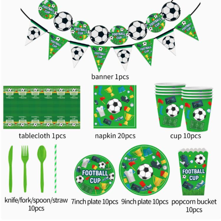Conjunto de pratos descartáveis ​​para decoração de festa com tema de futebol